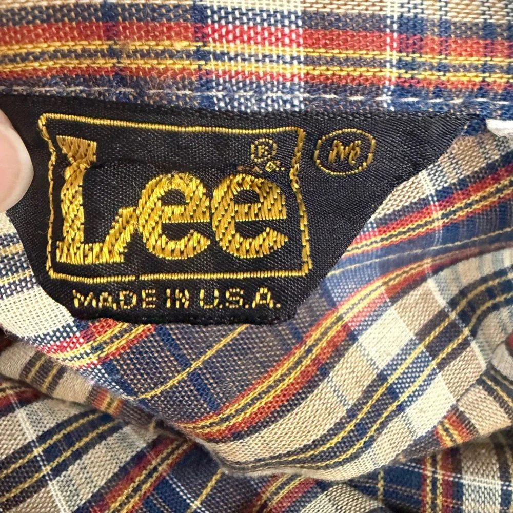 Vintage Lee Mens Plaid Western Pearl Snap Shirt Brown Blue Made in USA Medium